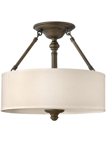 Sussex Flush Ceiling Light With Fabric Drum Shade in English Bronze.